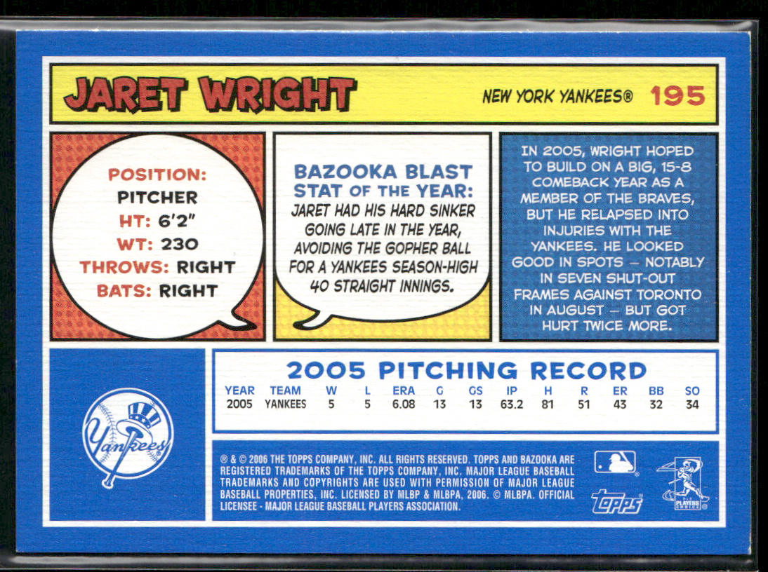 Jaret Wright 2006 Bazooka Blue Fortune #195 New York Yankees