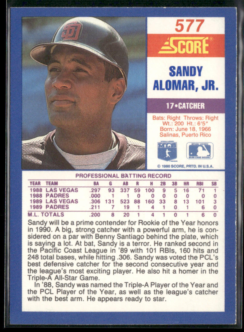 Sandy Alomar, Jr. 1990 Score #577 San Diego Padres