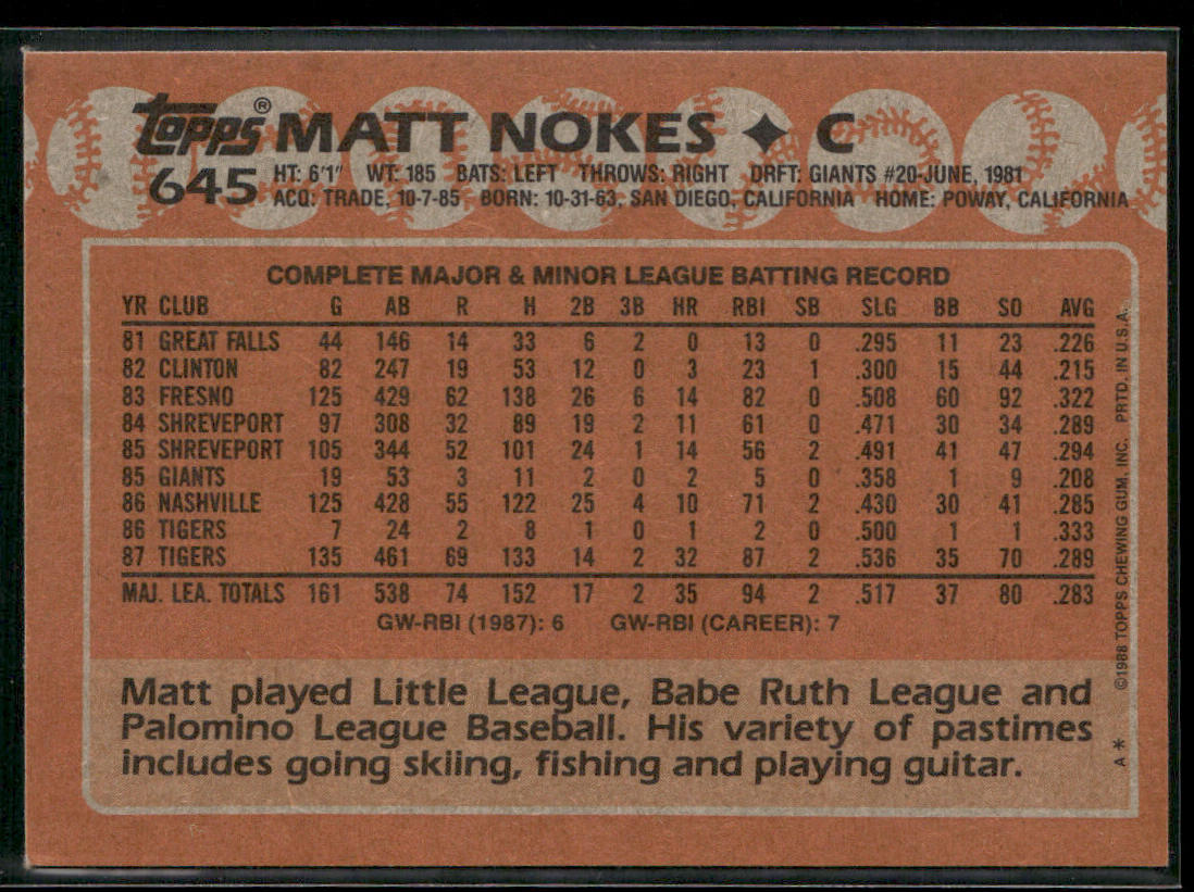 Matt Nokes 1988 Topps #645 RC Detroit Tigers