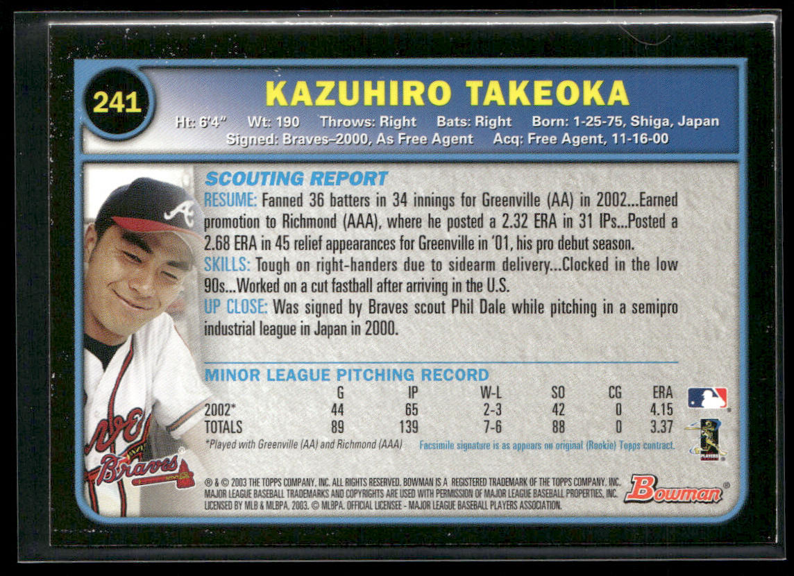 Kazuhiro Takeoka 2003 Bowman #241 RC Atlanta Braves