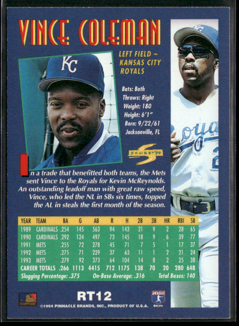 Vince Coleman 1994 Score Rookie & Traded #RT12 Kansas City Royals