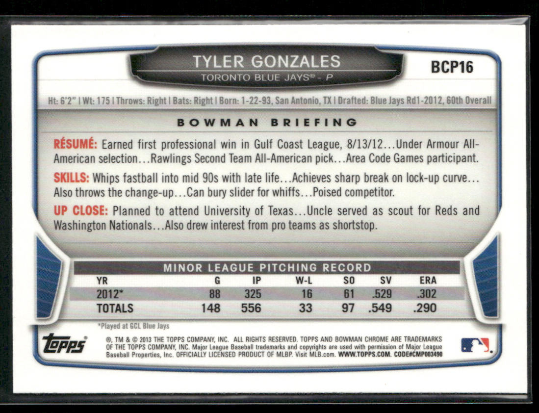 Tyler Gonzales 2013 Bowman Chrome Prospects #BCP16 Toronto Blue Jays