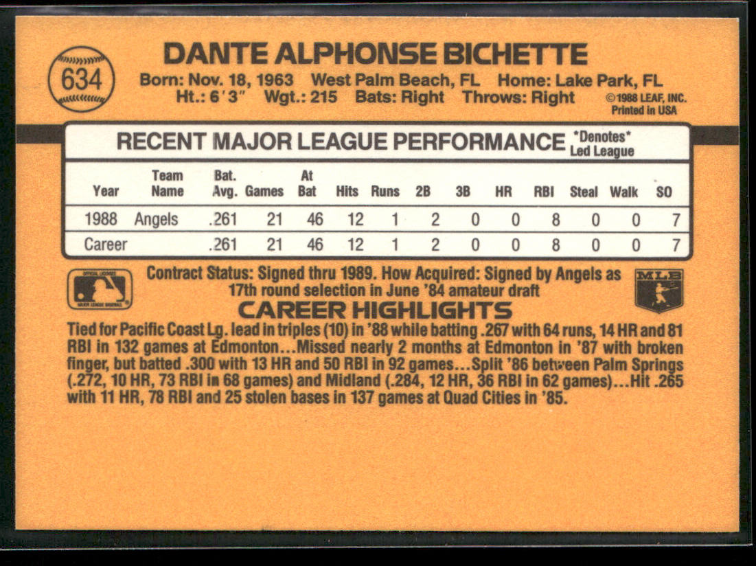 Dante Bichette 1989 Donruss #634 RC California Angels