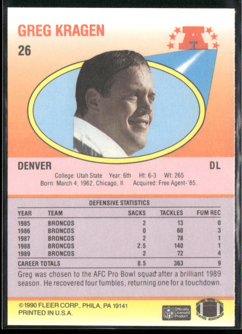 Greg Kragen 1990 Fleer #26 RC Denver Broncos