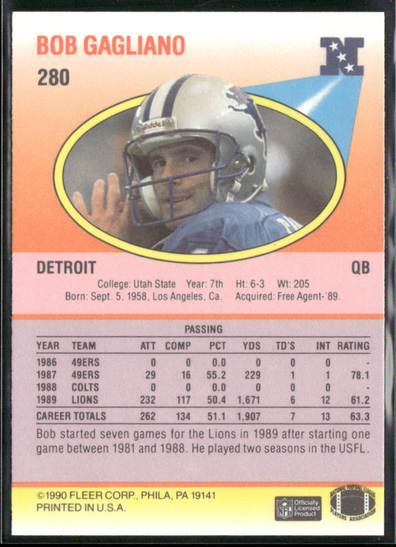 Bob Gagliano 1990 Fleer #280 RC Detroit Lions