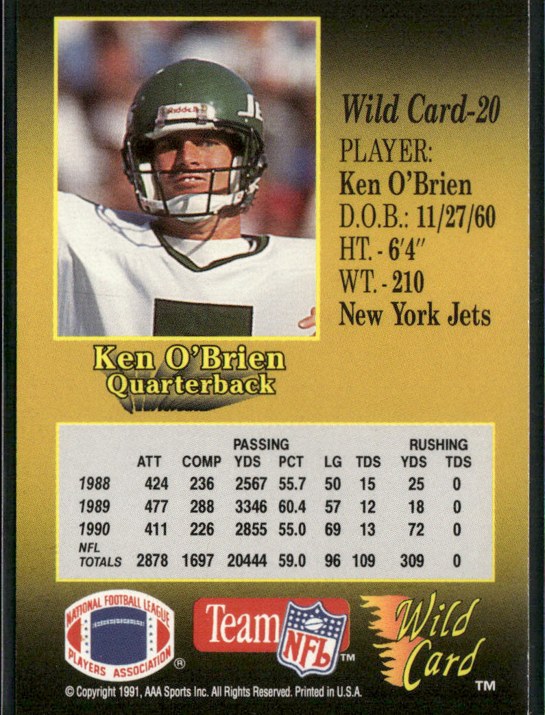 Ken O'Brien 1991 Wild Card #20 New York Jets