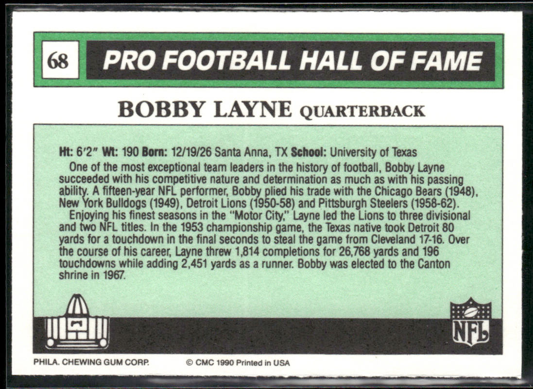 Bobby Layne 1990 Swell Greats #68 Detroit Lions