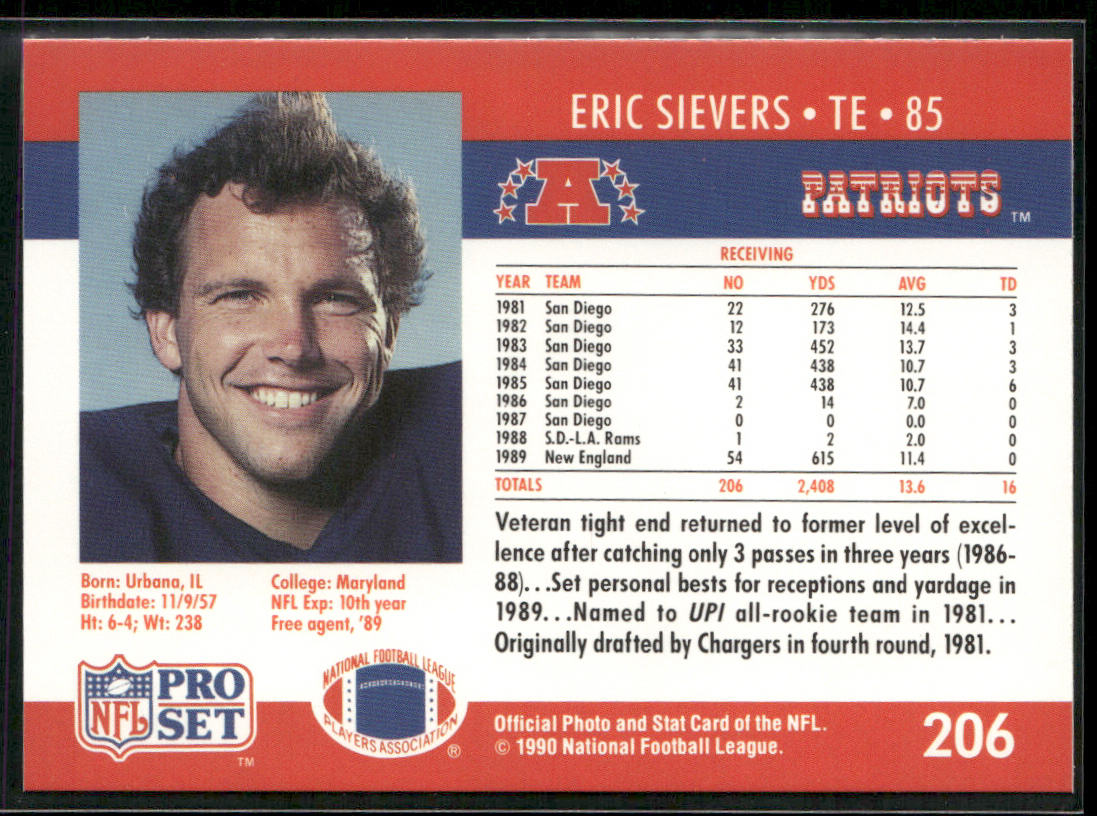 Eric Sievers 1990 Pro Set #206 RC New England Patriots