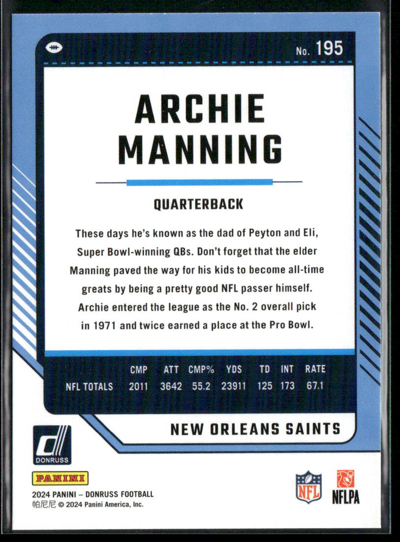 Archie Manning 2024 Donruss #195 New Orleans Saints back