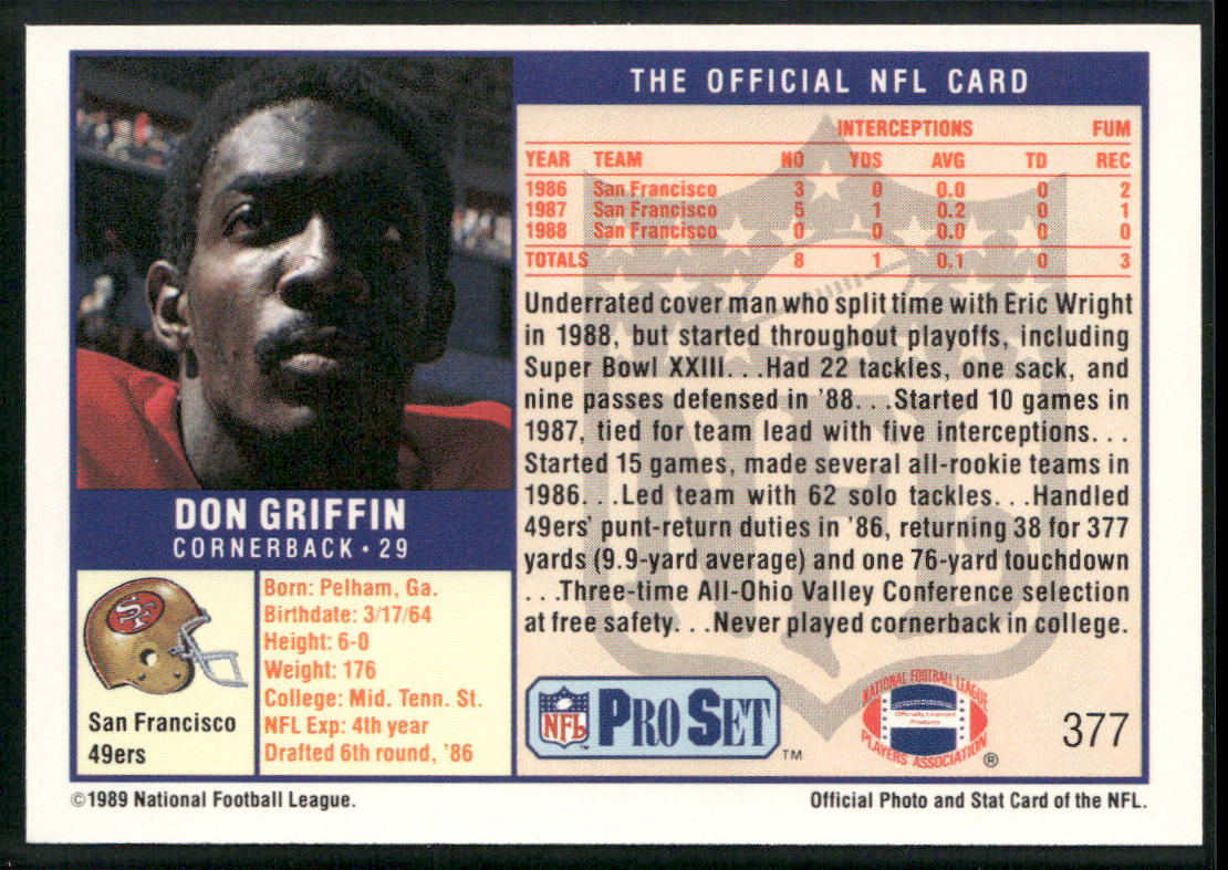 Don Griffin 1989 Pro Set #377 San Francisco 49ers
