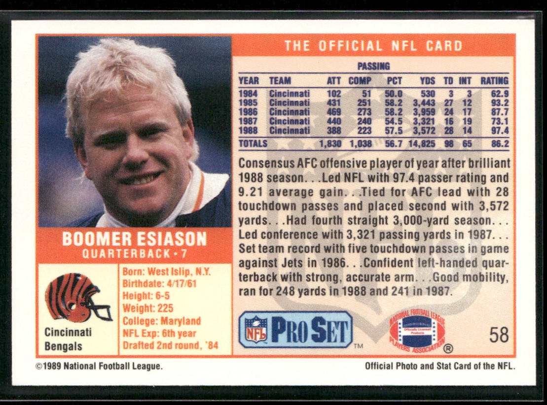 Boomer Esiason 1989 Pro Set #58 Cincinnati Bengals back
