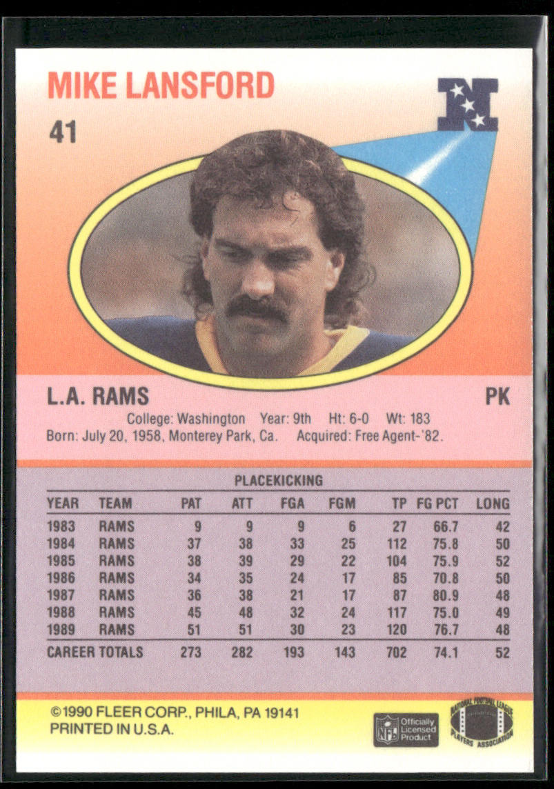 Mike Lansford 1990 Fleer #41 Los Angeles Rams back