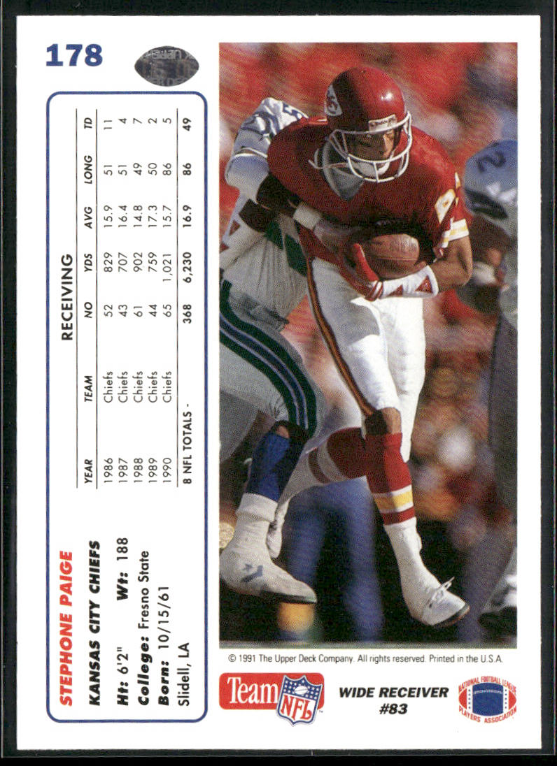 Stephone Paige 1991 Upper Deck #178b Kansas City Chiefs