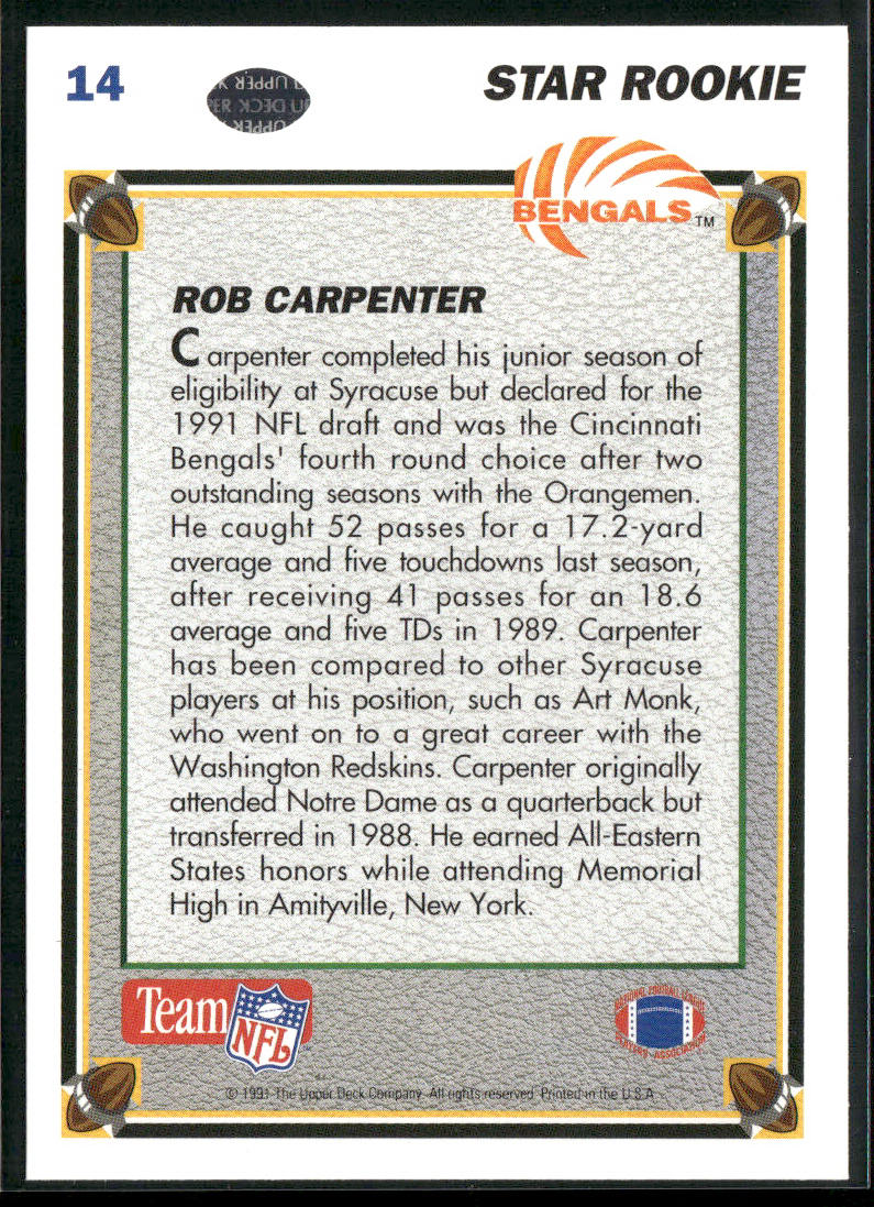 Rob Carpenter 1991 Upper Deck #14c RC Cincinnati Bengals