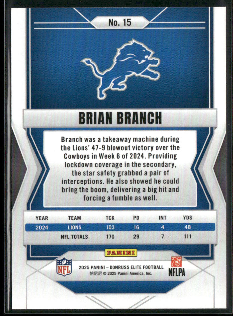Brian Branch 2025 Donruss Elite Status Metallic Orange #15 SN Detroit Lions