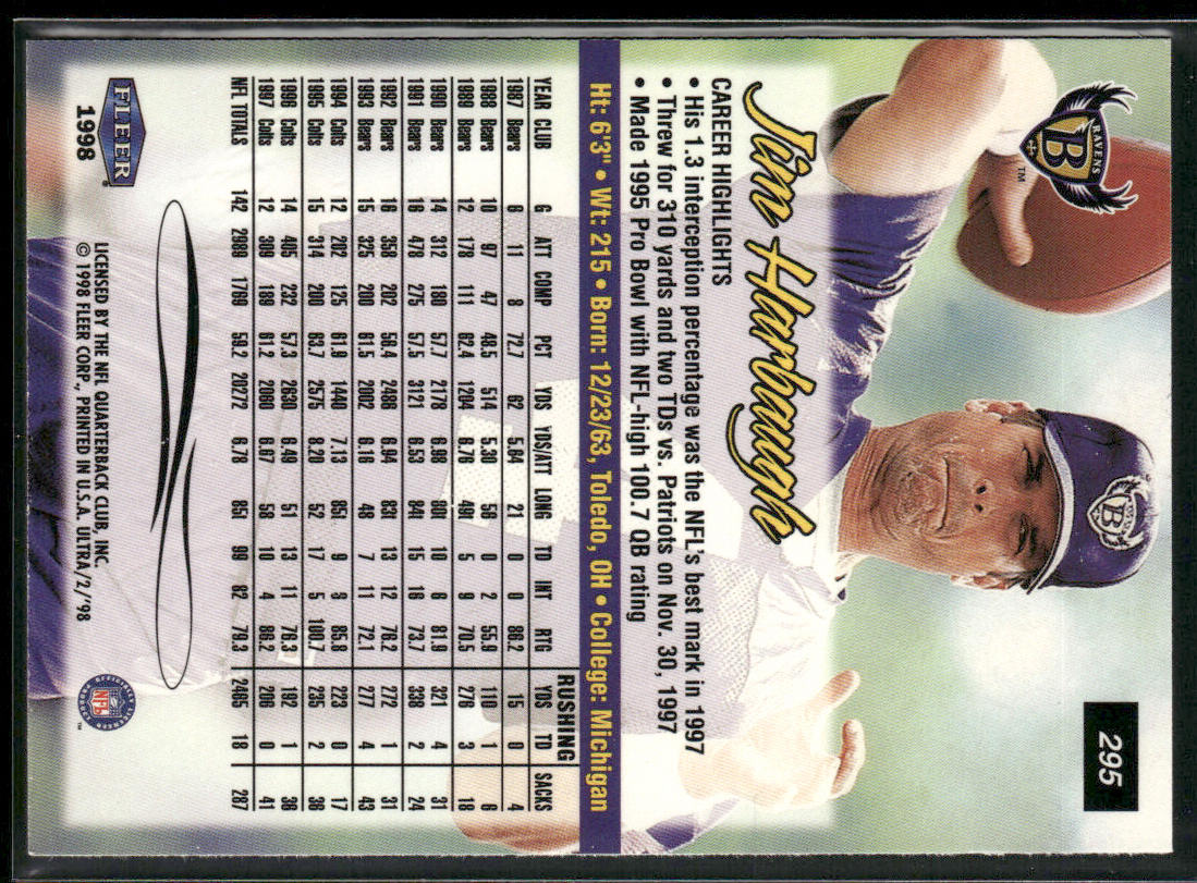 Jim Harbaugh 1998 Ultra #295 Baltimore Ravens