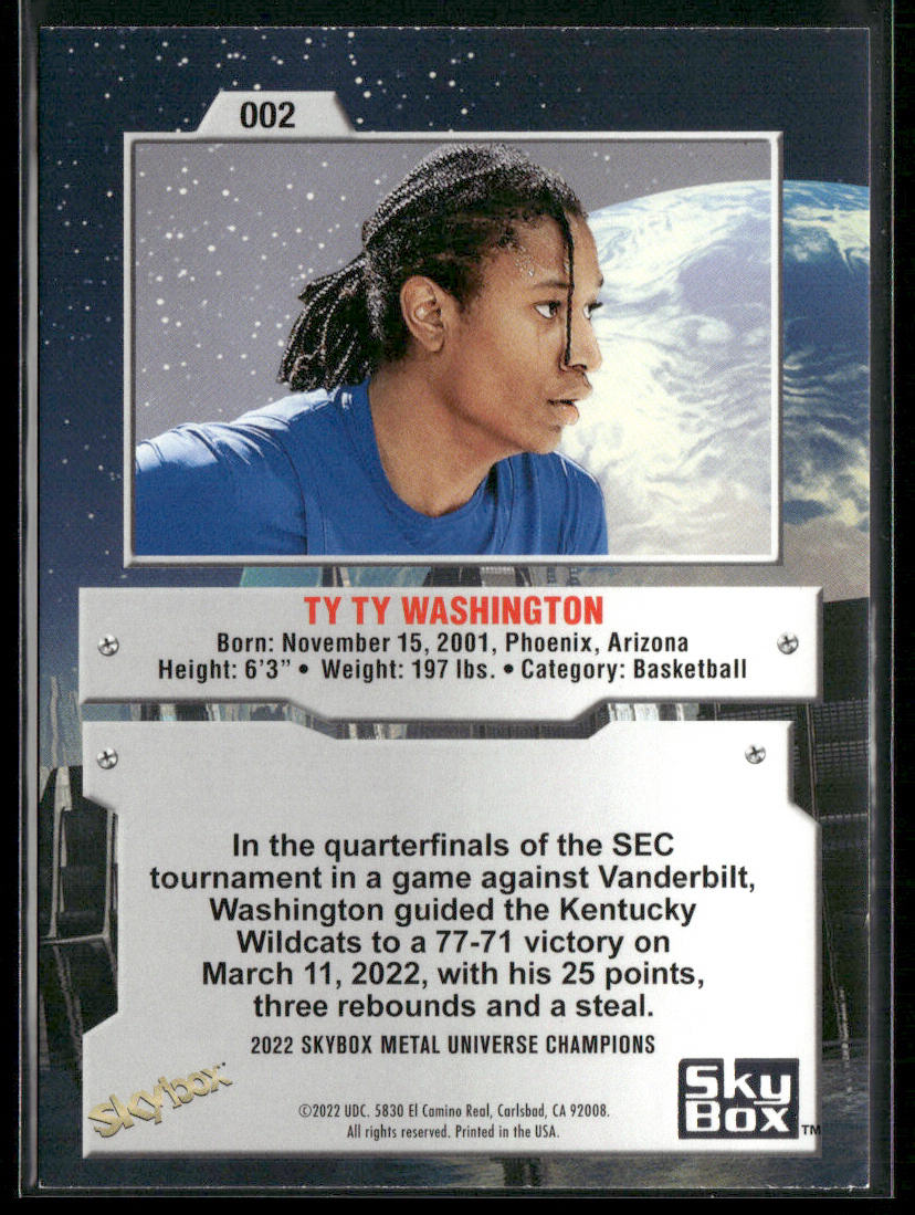 Ty Ty Washington 2022 SkyBox Metal Universe Champions #002 back
