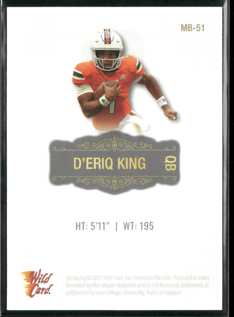 D'eriq King 2022 Wild Card Matte White #MB-51 Miami Hurricanes