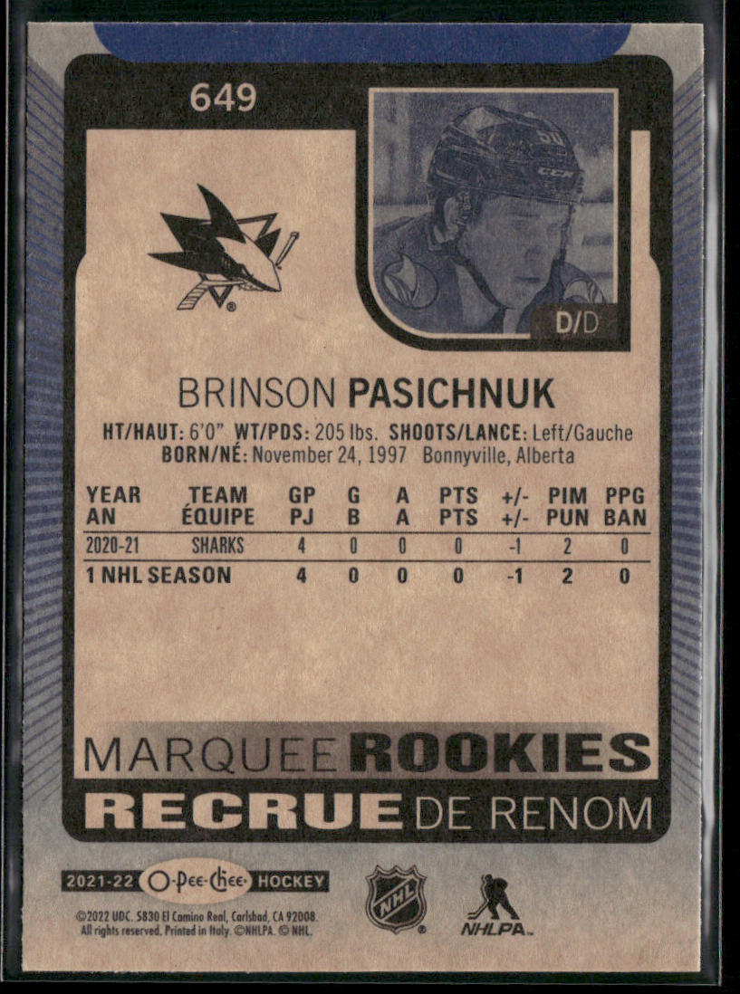 Brinson Pasichnuk 2021-22 Upper Deck 2021-22 O-Pee-Chee Update Blue #649 RC