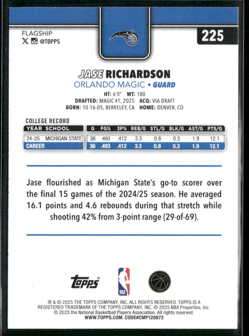 Jase Richardson 2025-26 Topps #225 RC Orlando Magic