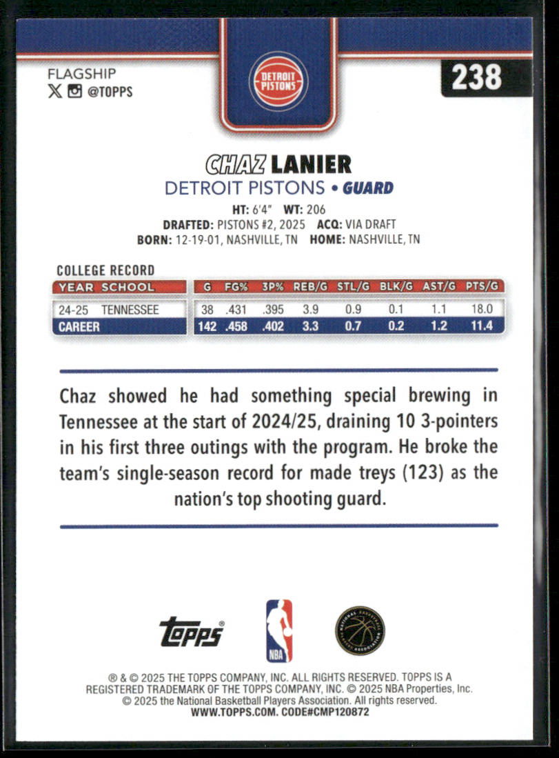 Chaz Lanier 2025-26 Topps #238 RC Detroit Pistons