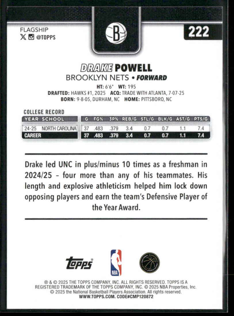 Drake Powell 2025-26 Topps #222 RC Brooklyn Nets