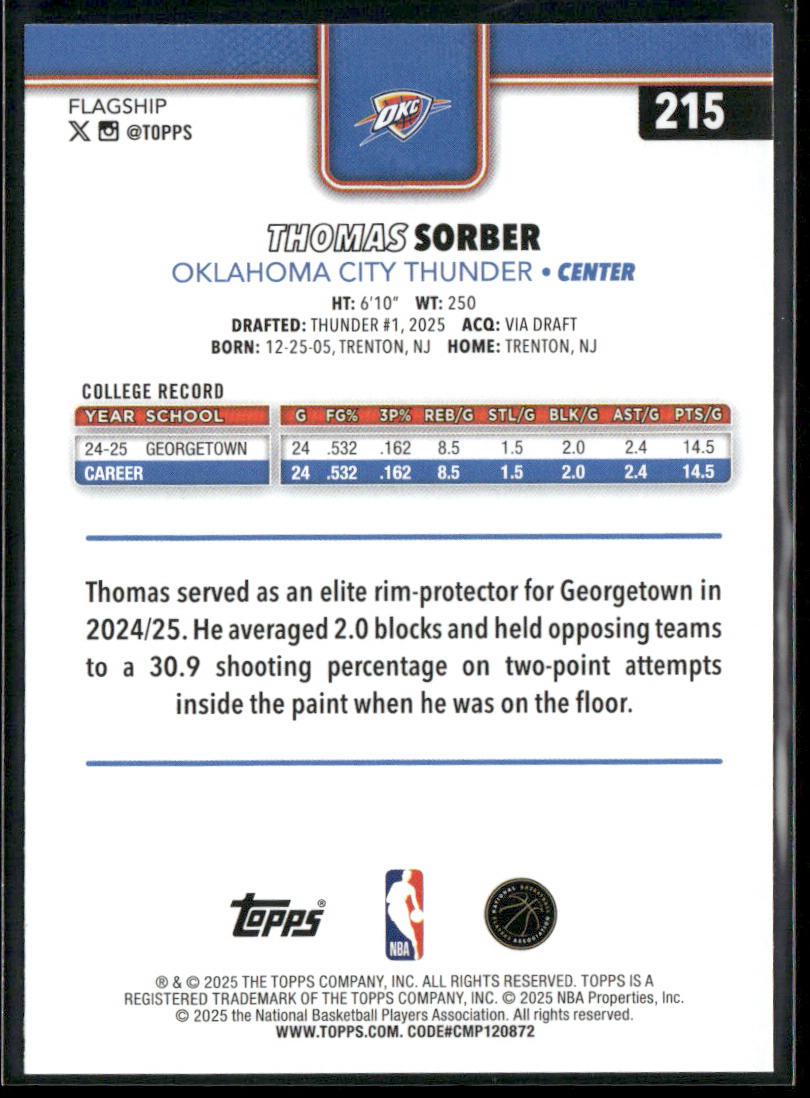 Thomas Sorber 2025-26 Topps #215 RC Oklahoma City Thunder