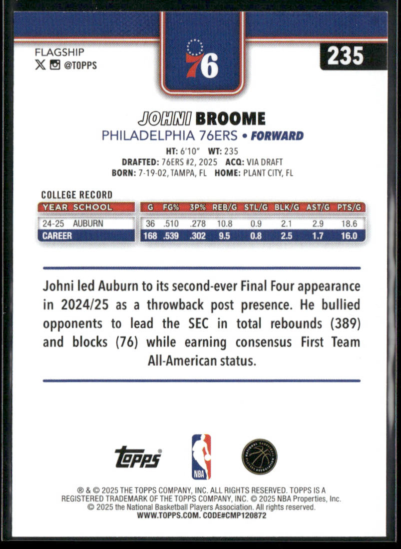 Johni Broome 2025-26 Topps #235 RC Philadelphia 76ers