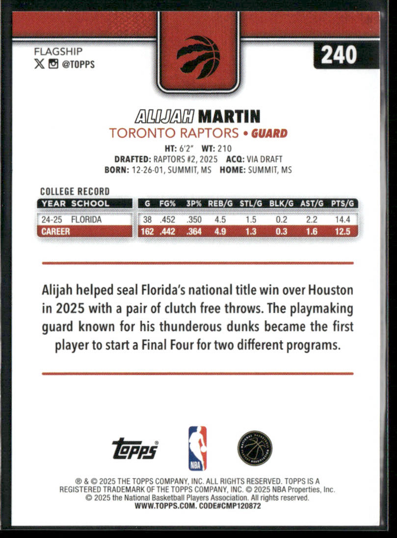 Alijah Martin 2025-26 Topps #240 RC Toronto Raptors