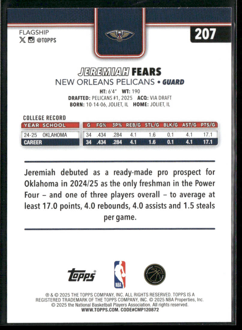 Jeremiah Fears 2025-26 Topps #207 RC New Orleans Pelicans
