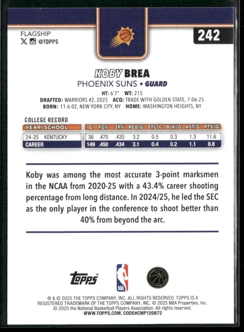 Koby Brea 2025-26 Topps #242 RC Phoenix Suns