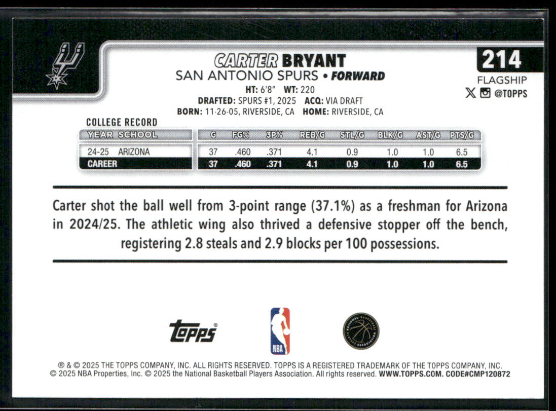 Carter Bryant 2025-26 Topps #214 RC San Antonio Spurs