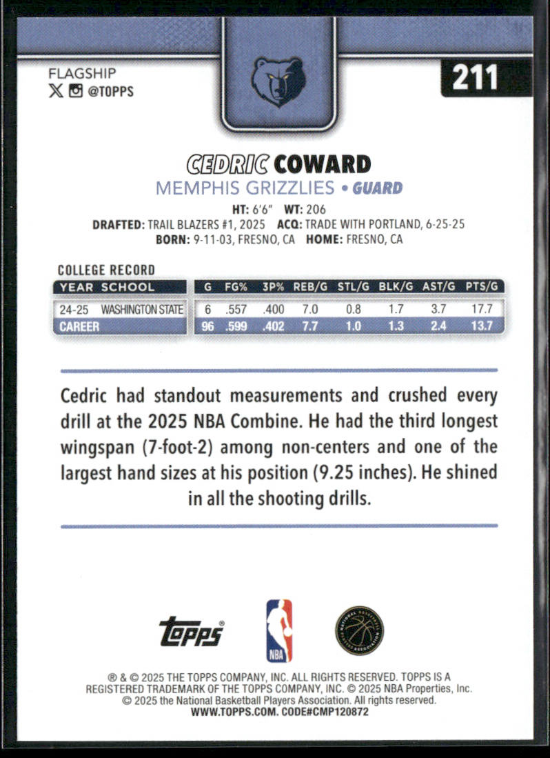 Cedric Coward 2025-26 Topps #211 RC Memphis Grizzlies back