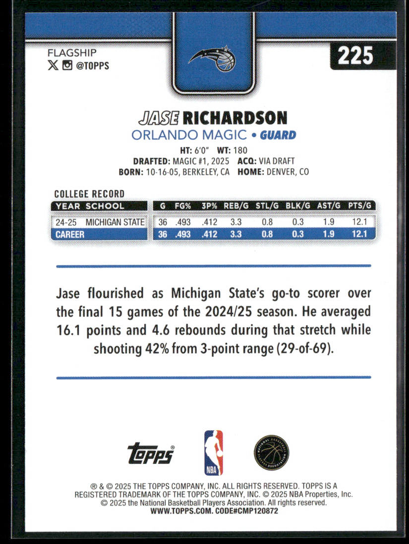 Jase Richardson 2025-26 Topps #225 RC Orlando Magic back