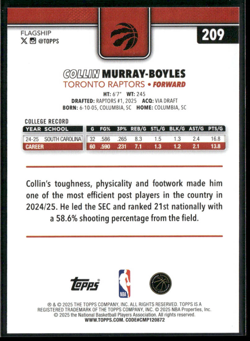 Collin Murray-Boyles 2025-26 Topps #209 RC Toronto Raptors