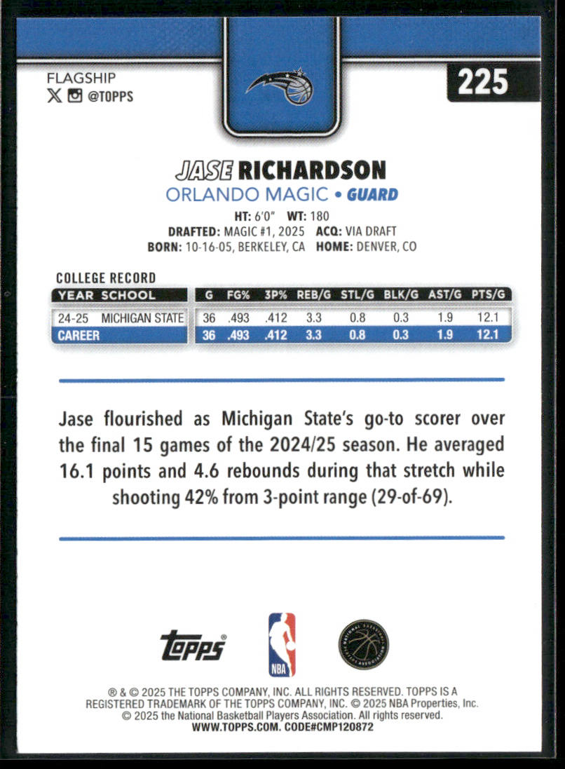Jase Richardson 2025-26 Topps #225 RC Orlando Magic back