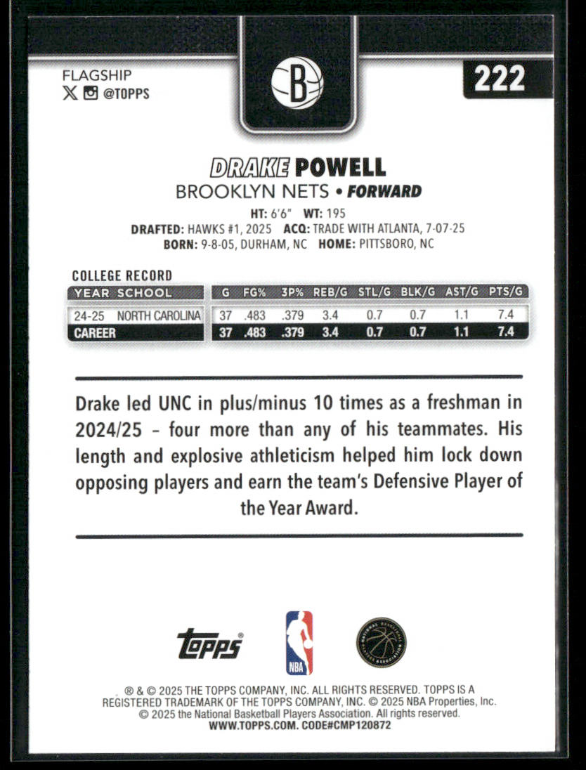 Drake Powell 2025-26 Topps #222 RC Brooklyn Nets back