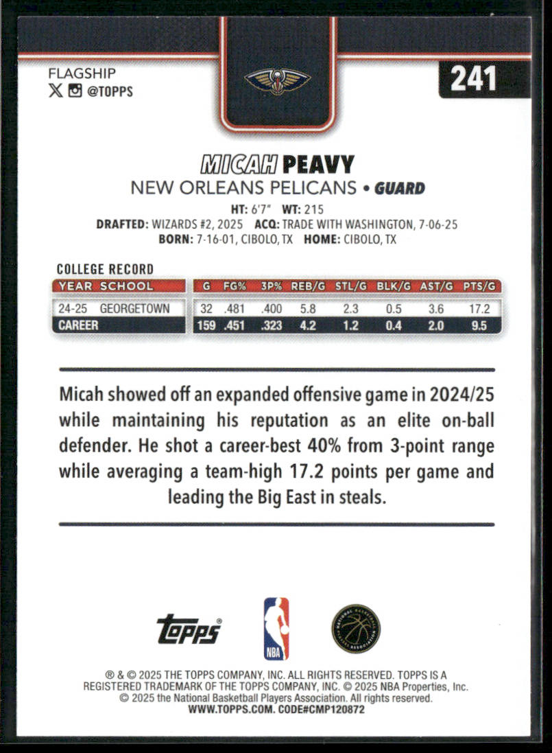 Micah Peavy 2025-26 Topps #241 RC New Orleans Pelicans