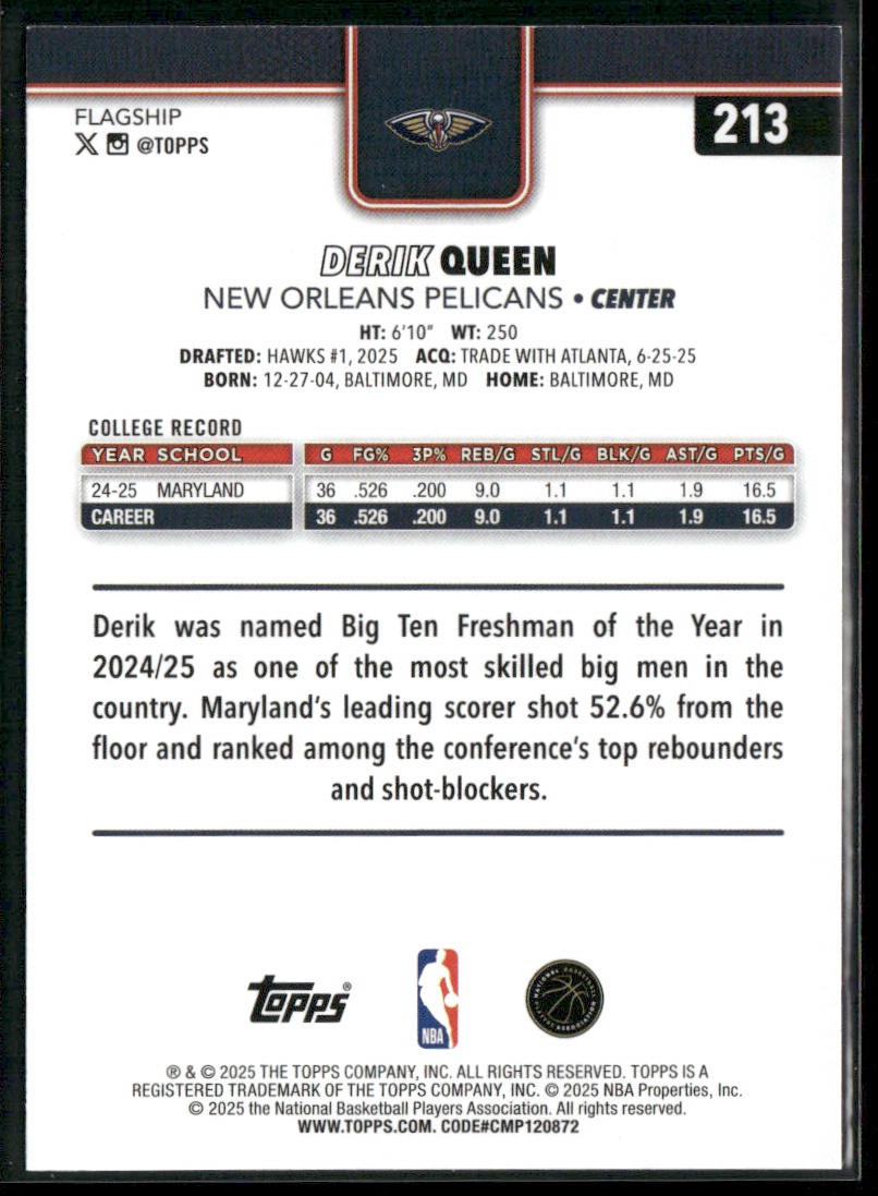 Derik Queen 2025-26 Topps #213 RC New Orleans Pelicans
