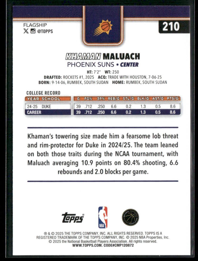 Khaman Maluach 2025-26 Topps #210 RC Phoenix Suns