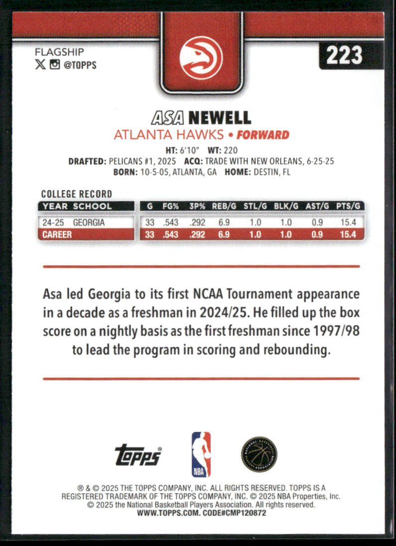 Asa Newell 2025-26 Topps #223 RC Atlanta Hawks back