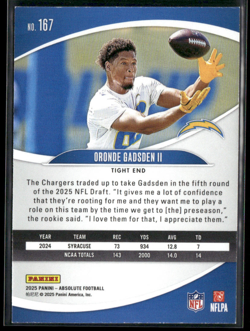 Oronde Gadsden II 2025 Panini Absolute Retail #167 RC Los Angeles Chargers