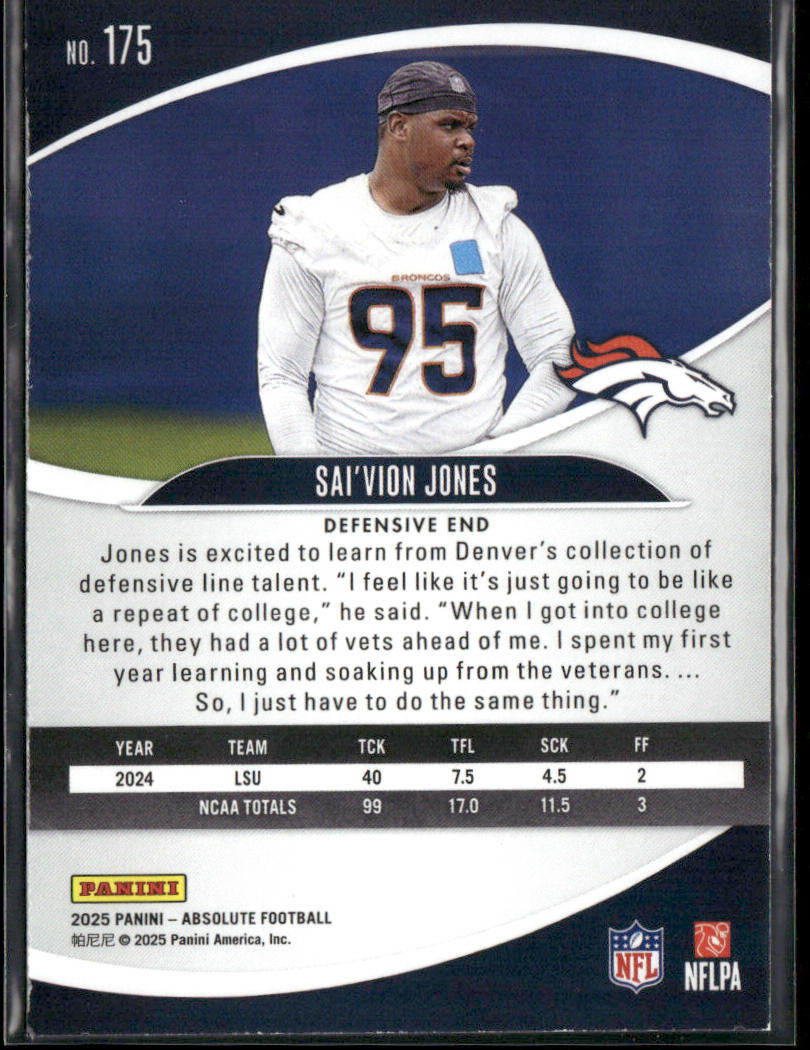 Sai'vion Jones 2025 Panini Absolute Retail #175 RC Denver Broncos