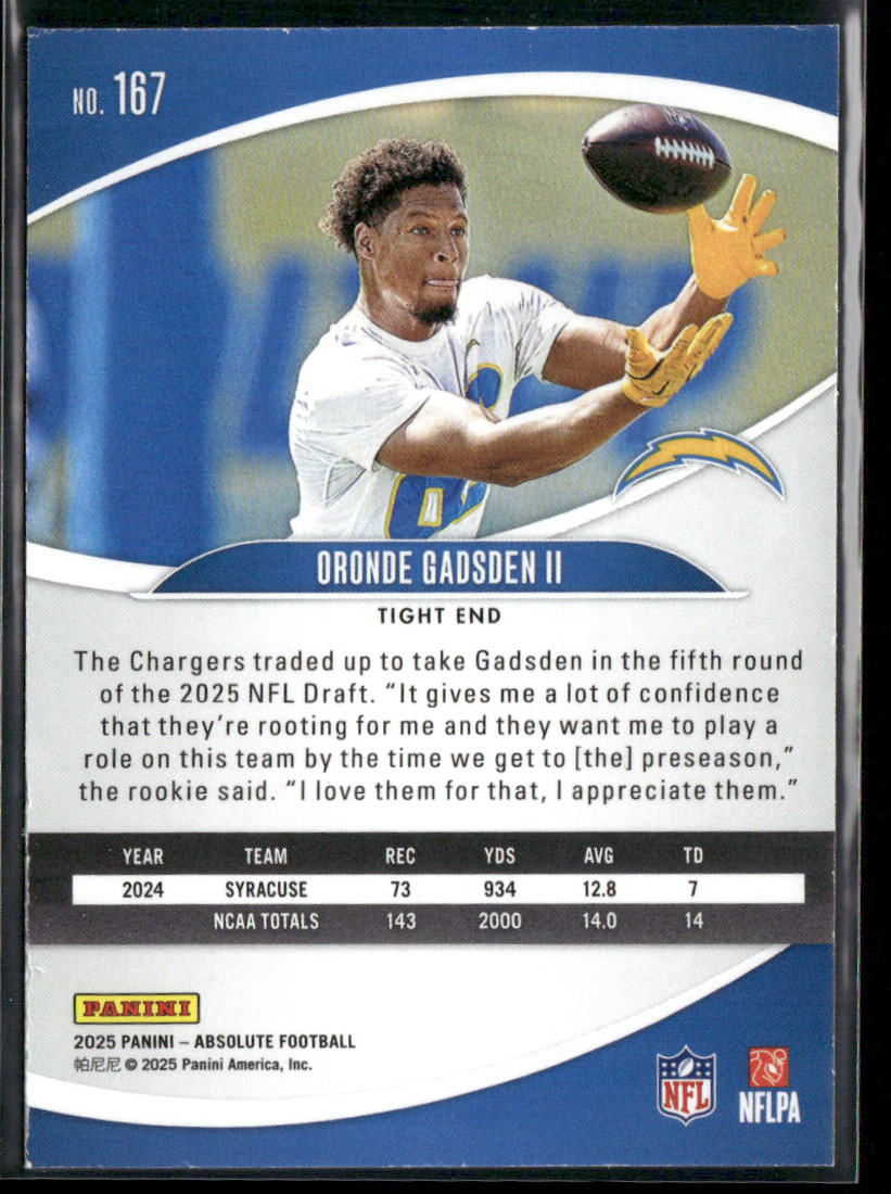Oronde Gadsden II 2025 Panini Absolute Retail #167 RC Los Angeles Chargers back
