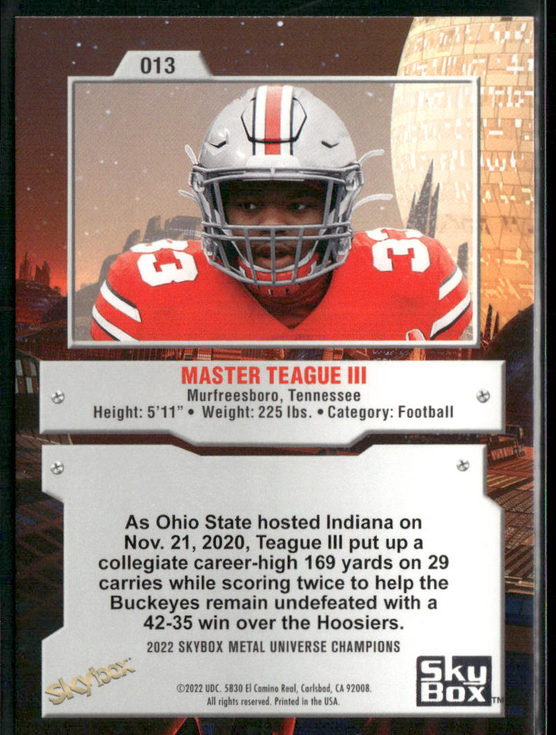Master Teague 2022 SkyBox Metal Universe Champions #013 back