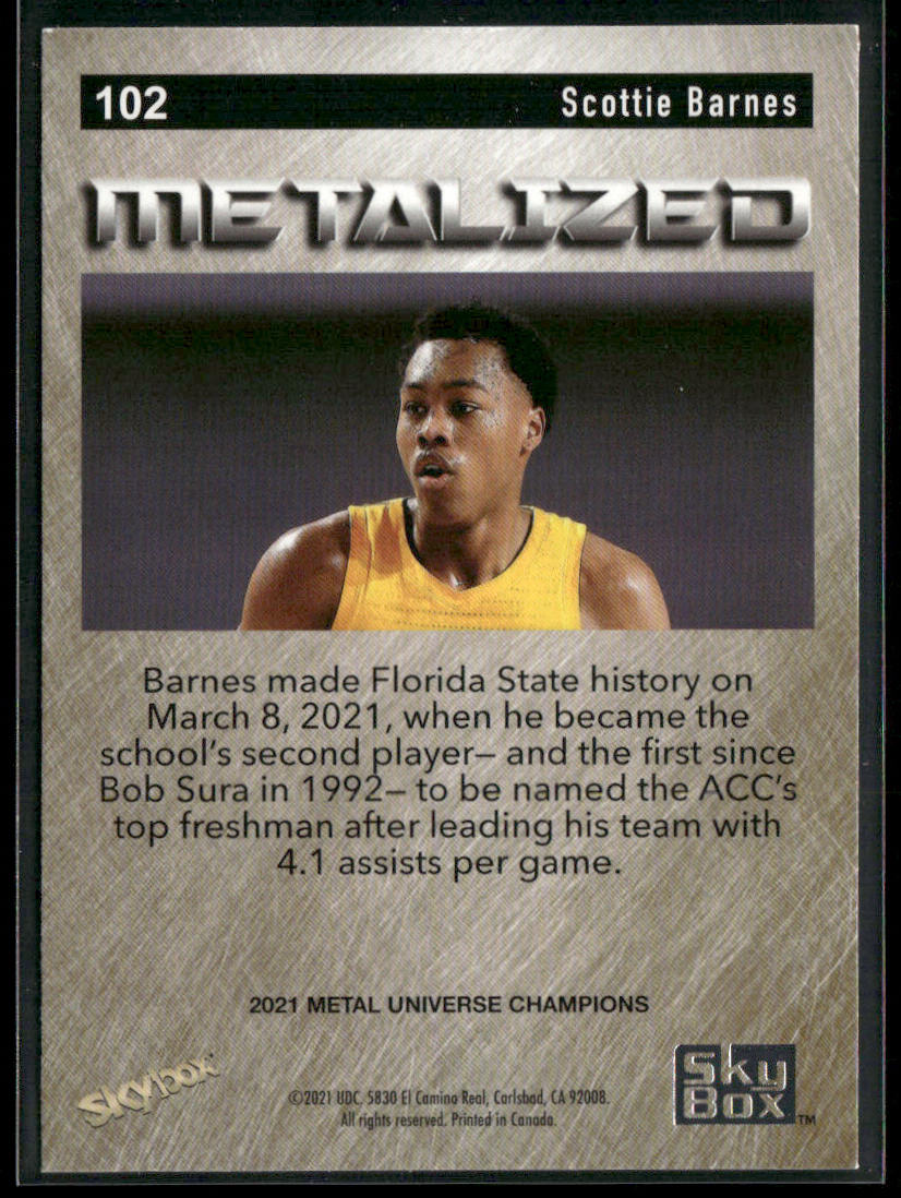 Scottie Barnes 2021 SkyBox Metal Universe Champions #102 back