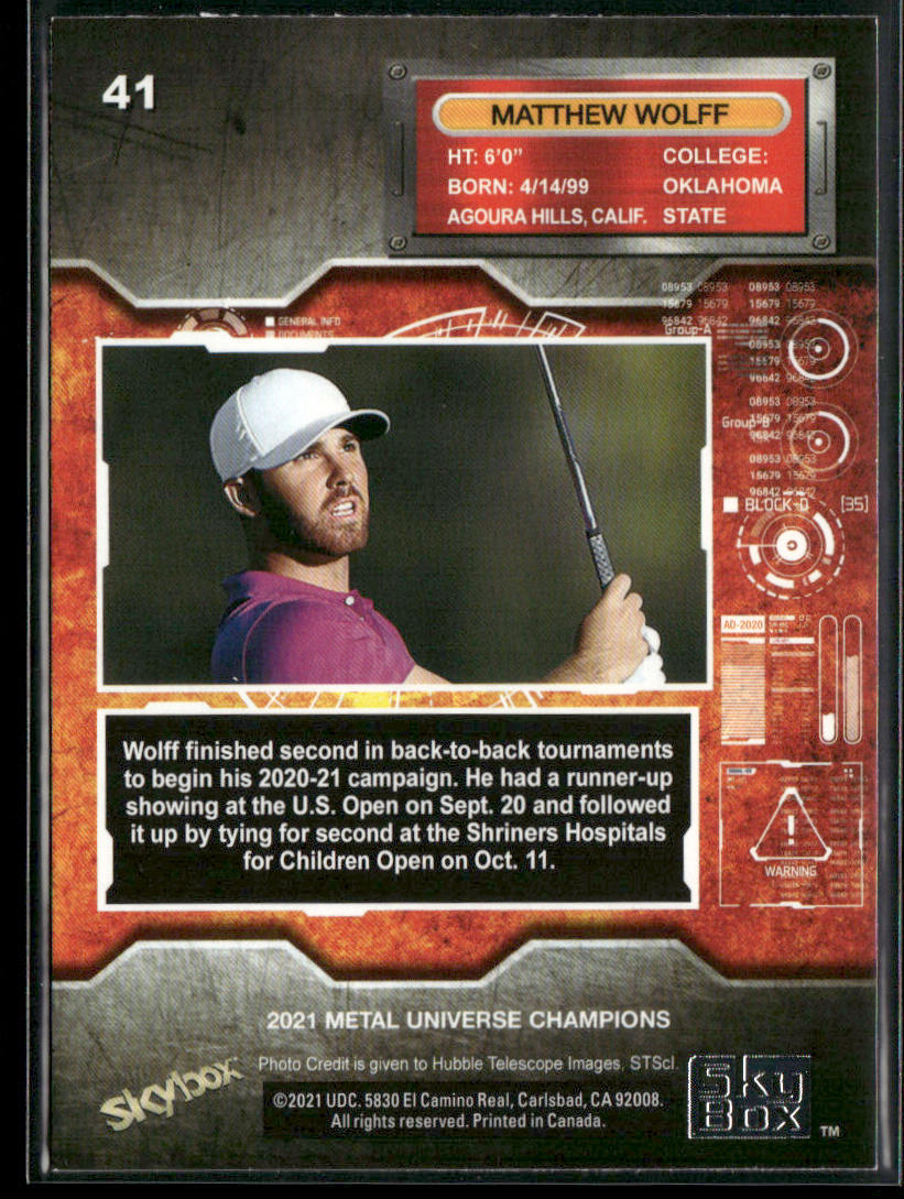 Matthew Wolff 2021 SkyBox Metal Universe Champions #41 RC back