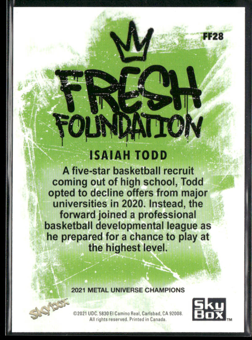 Isaiah Todd 2021 SkyBox Metal Universe Champions Fresh Foundation #FF28 back