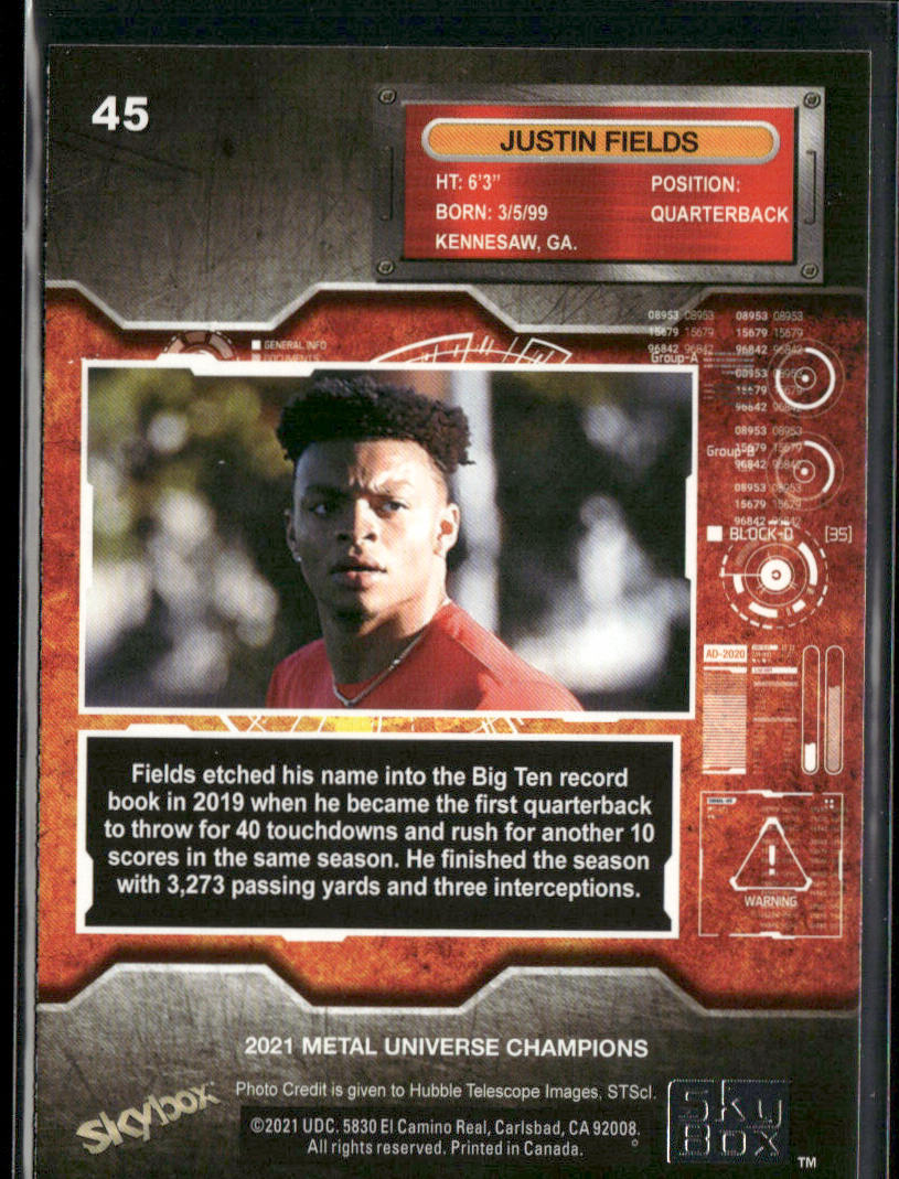 Justin Fields 2021 SkyBox Metal Universe Champions #45 back