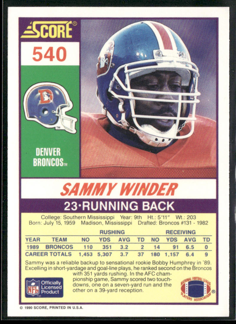 Sammy Winder 1990 Score #540 Denver Broncos back